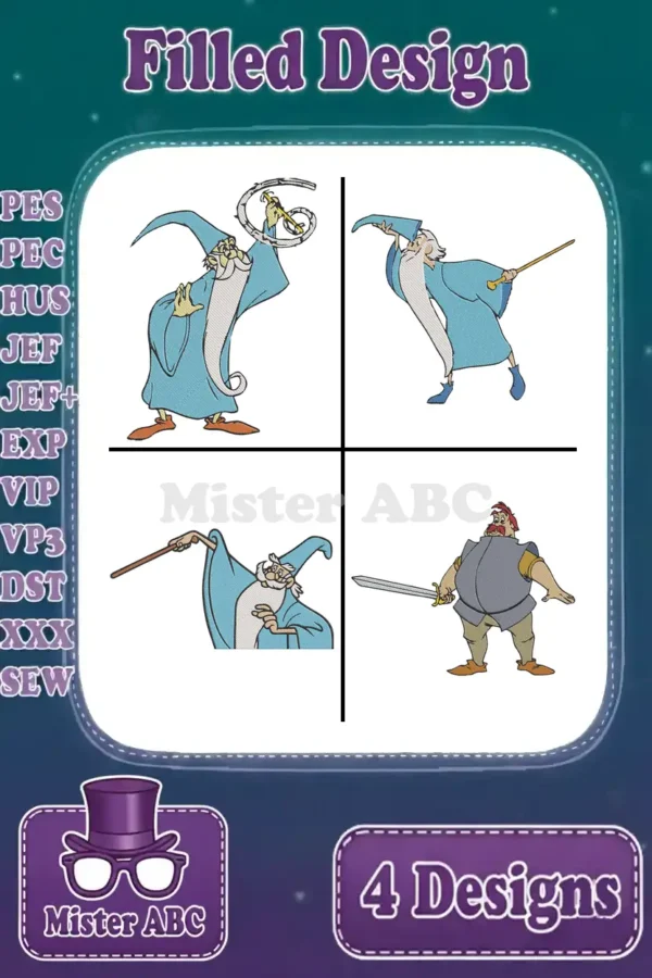 Four filled embroidery designs featuring Merlin in three poses and Sir Kay with a sword, from Sword in the Stone.