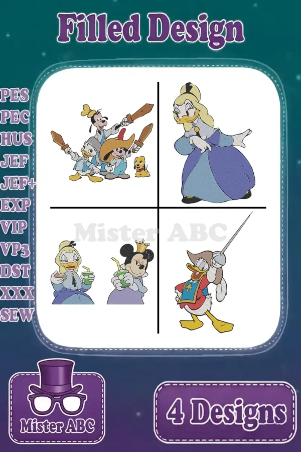 A vibrant display of four filled embroidery designs featuring Disney characters: Goofy, Donald, Daisy, and Minnie.