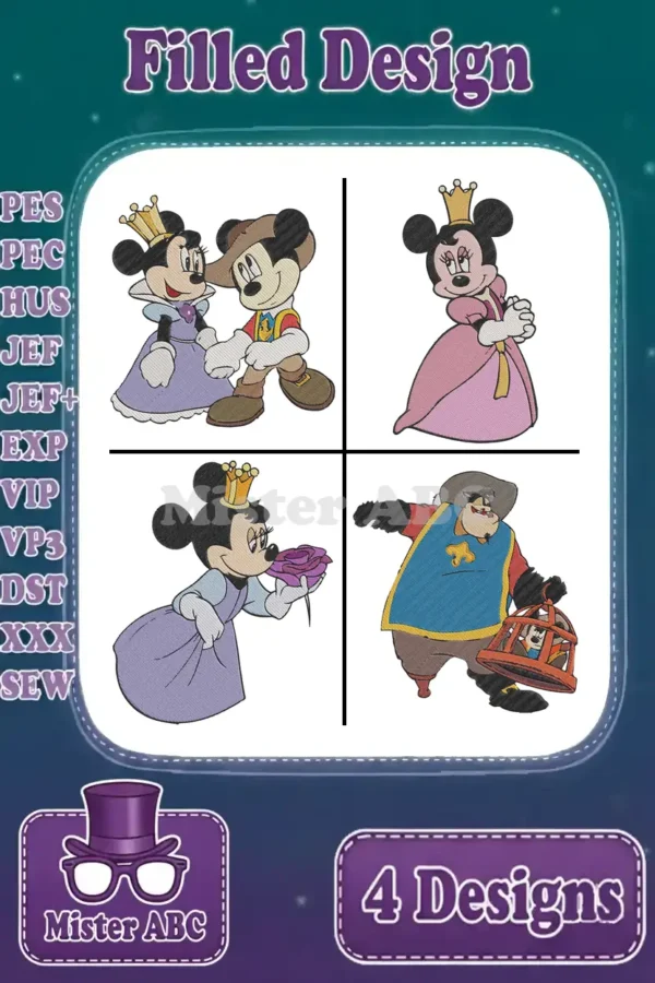 A vibrant bundle of four filled embroidery designs featuring Mickey and Minnie Mouse in royal attire and a cowboy character. Includes popular file formats.