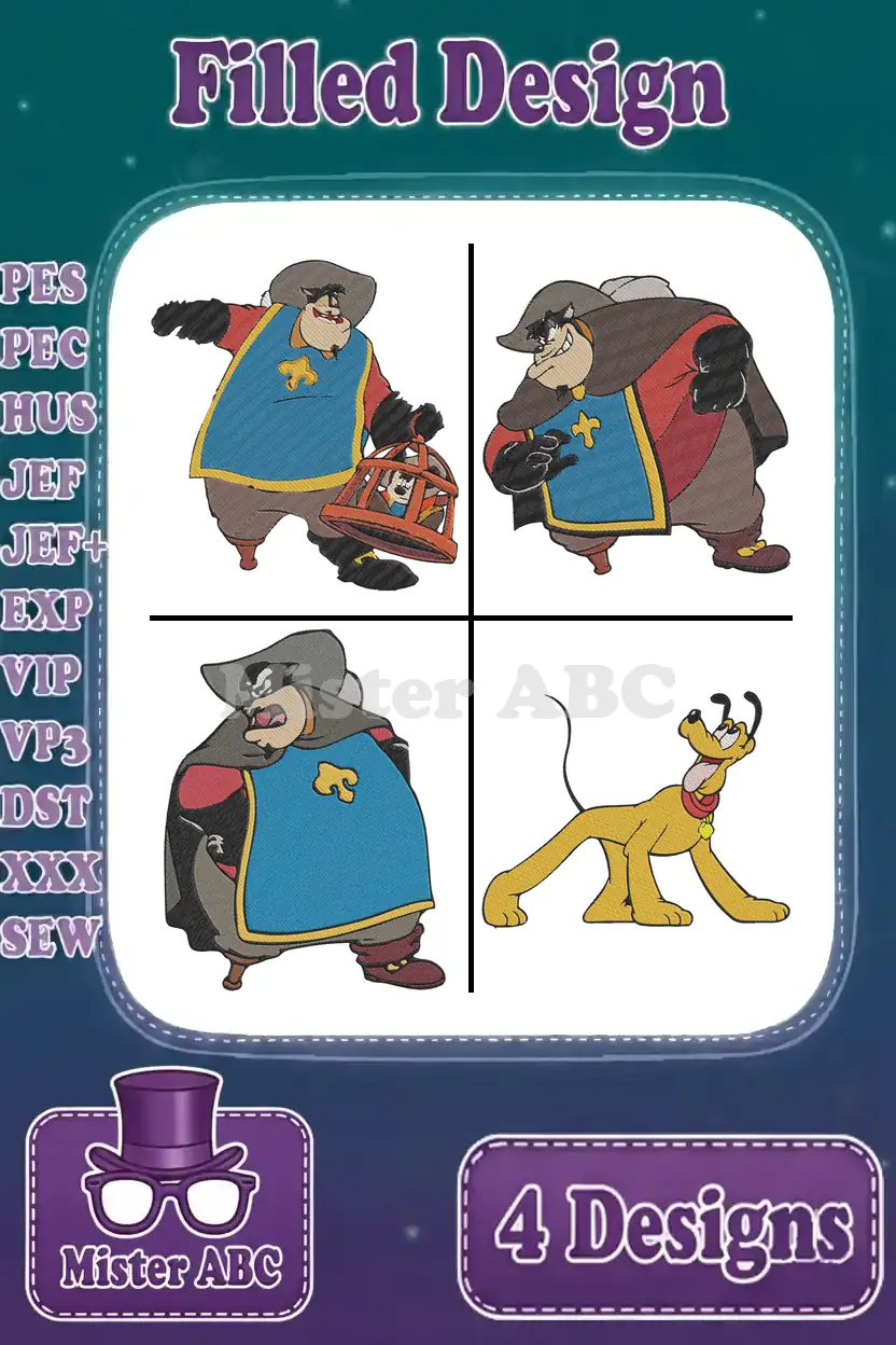 A vibrant main product image displaying four detailed filled embroidery designs of Pete in three poses and a playful Pluto.