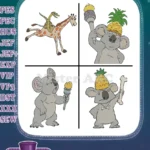 Coon Koala With Ice Cream And Pineapple - Giraffe And Dragonfly - Summer Fun Animals - Filled Embroidery Design - Instant Download