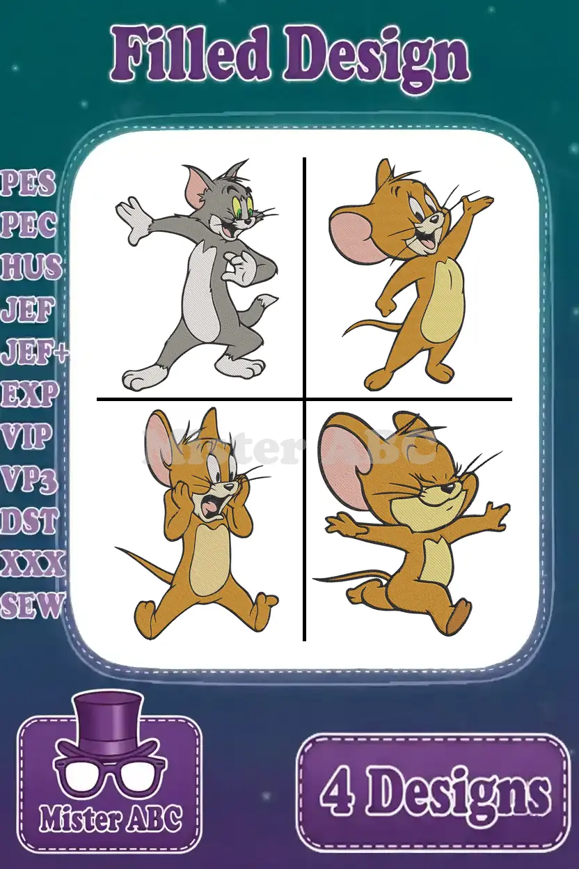 A vibrant display of four Tom and Jerry filled embroidery designs, showcasing various playful poses and available formats.
