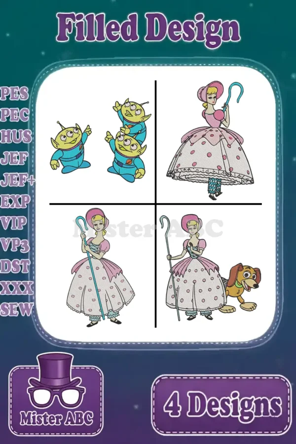 A vibrant image displaying four filled embroidery designs: three green aliens, Bo Peep, and Bo Peep with Slinky Dog.