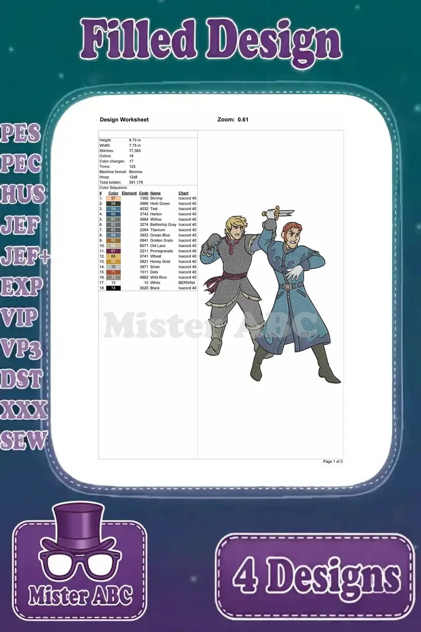 Detailed design worksheet for the Kristoff and Hans embroidery design, showing dimensions, stitch count, and color chart.