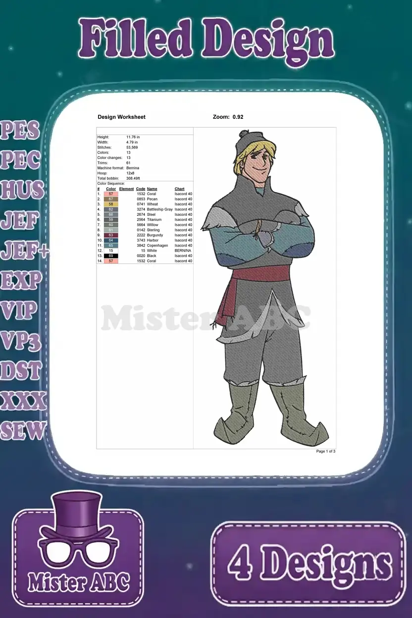 Design worksheet for the Kristoff (arms crossed) embroidery, detailing dimensions, stitch count, and color palette guidance.