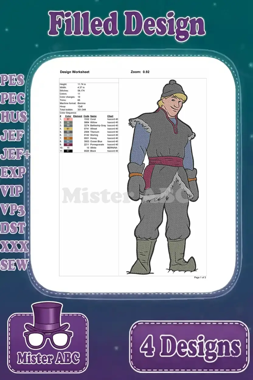 Design worksheet for the Kristoff (with hat) embroidery, displaying essential details like dimensions, stitches, and colors.