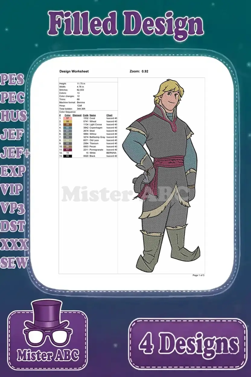 Design worksheet for the Kristoff (hand on hip) embroidery, displaying dimensions, stitch count, and color information.