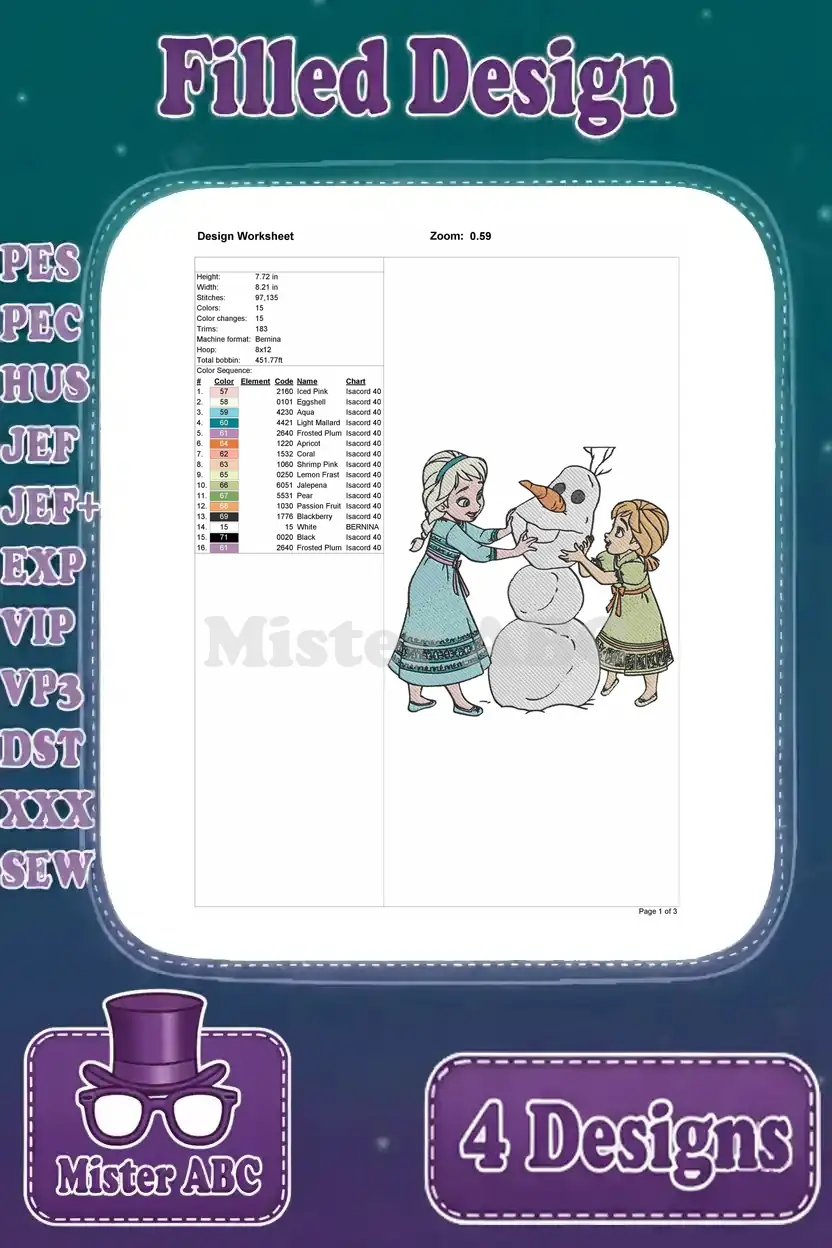 Embroidery worksheet for Elsa and Anna building Olaf, detailing stitch count, dimensions, and thread color sequence.