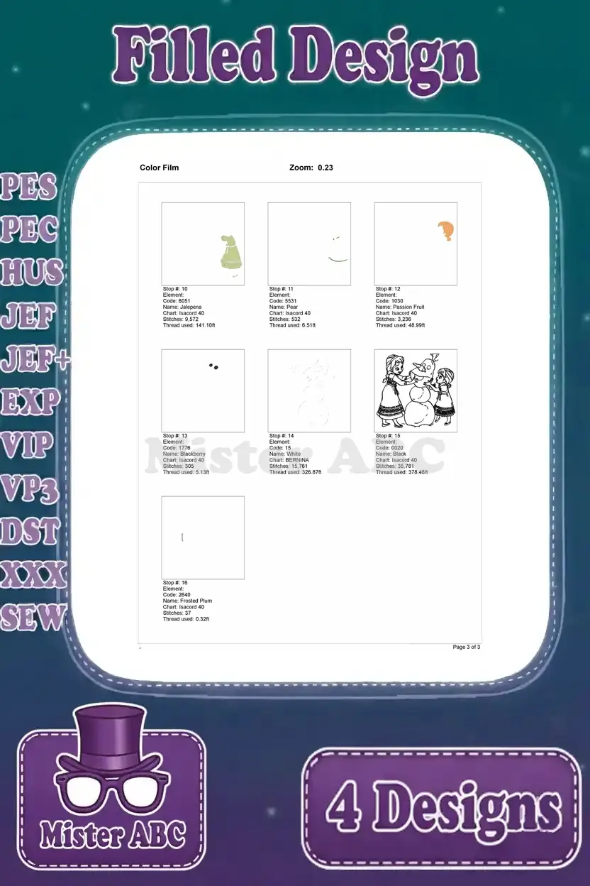 Color film page 2 for the Elsa and Anna building Olaf embroidery, showing subsequent thread stops and design elements.