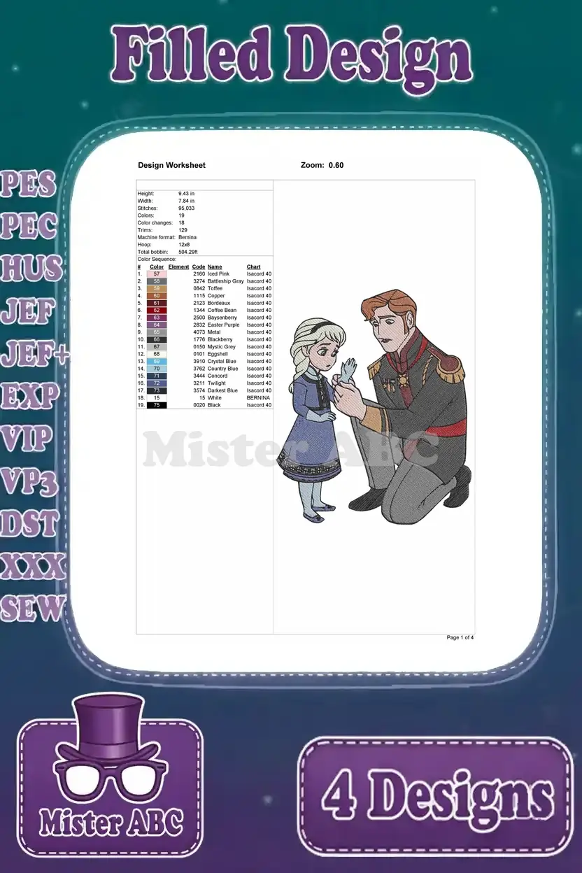Embroidery worksheet for young Elsa and Hans, detailing stitch count, dimensions, and thread color sequence.