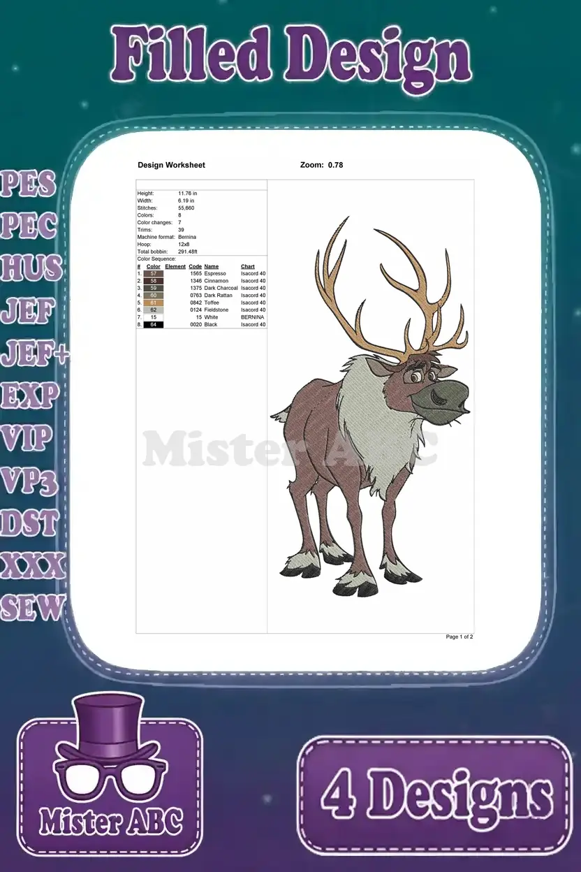 Design worksheet for a filled embroidery of Sven, showing stitch count, colors, and dimensions for precision.