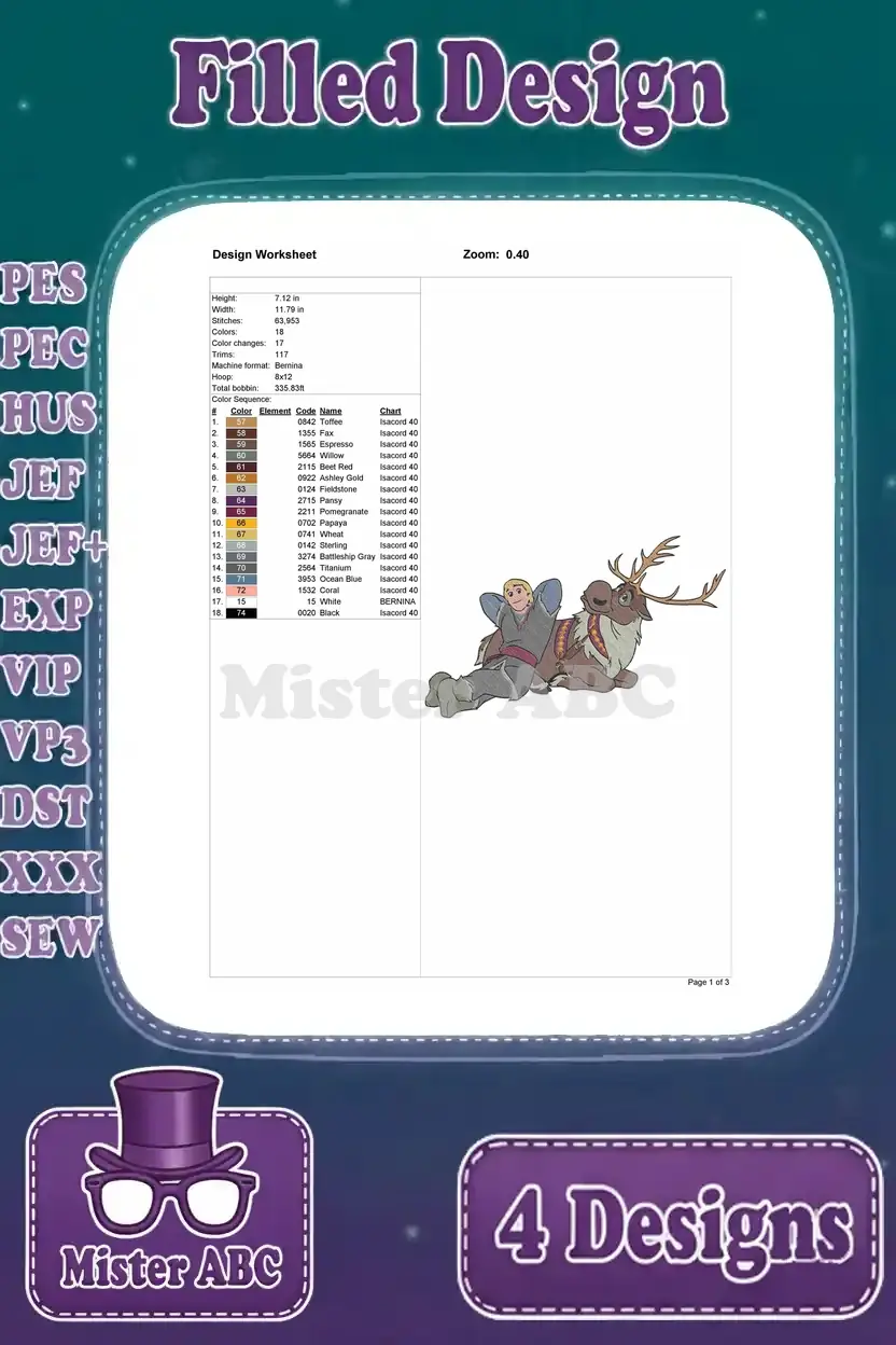 Design worksheet for Kristoff and Sven (lying), showing stitch count, colors, and dimensions for precision.