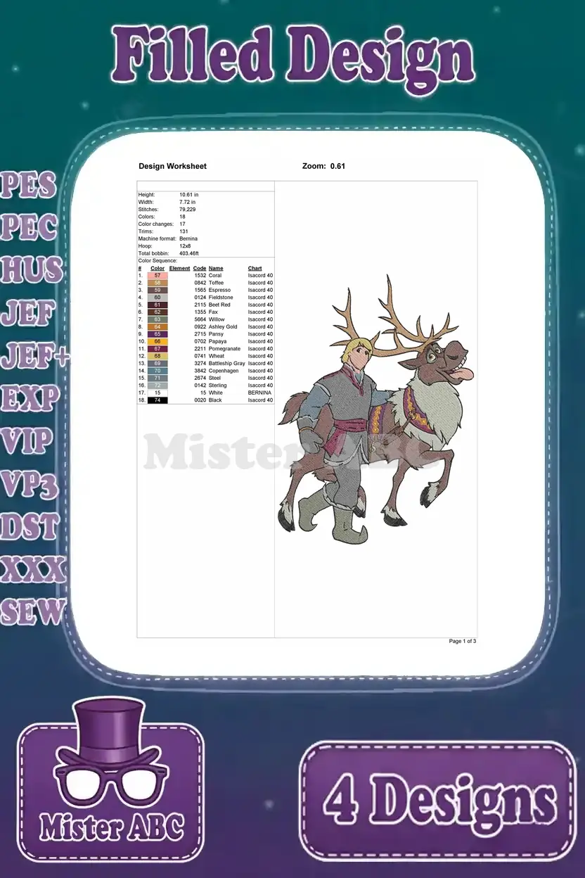 Design worksheet for Kristoff walking with Sven, showing stitch count, colors, and dimensions for precision.