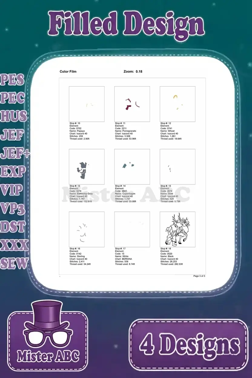 Color film (part 2 of 3) for the Kristoff walking with Sven filled embroidery design, showing thread layers.