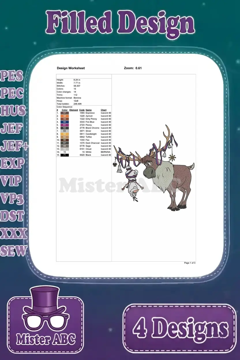 A detailed design worksheet for the first embroidery pattern: Sven with decorated antlers and Olaf, showing thread colors.