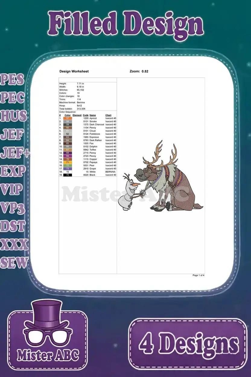 A comprehensive design worksheet for the second embroidery pattern: Sven with a harness and Olaf holding a carrot.