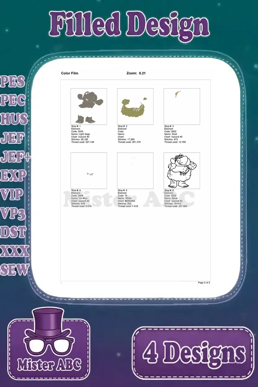 Color film page one for the Grand Pabbie (Troll) embroidery design, detailing all stitch stops.