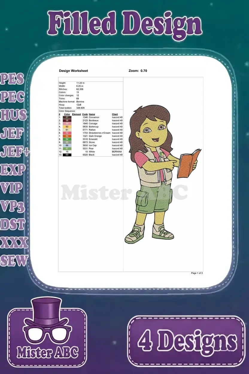 Detailed design worksheet for the Dora the Explorer embroidery, showing stitch count, size, color sequence, and hoop info.
