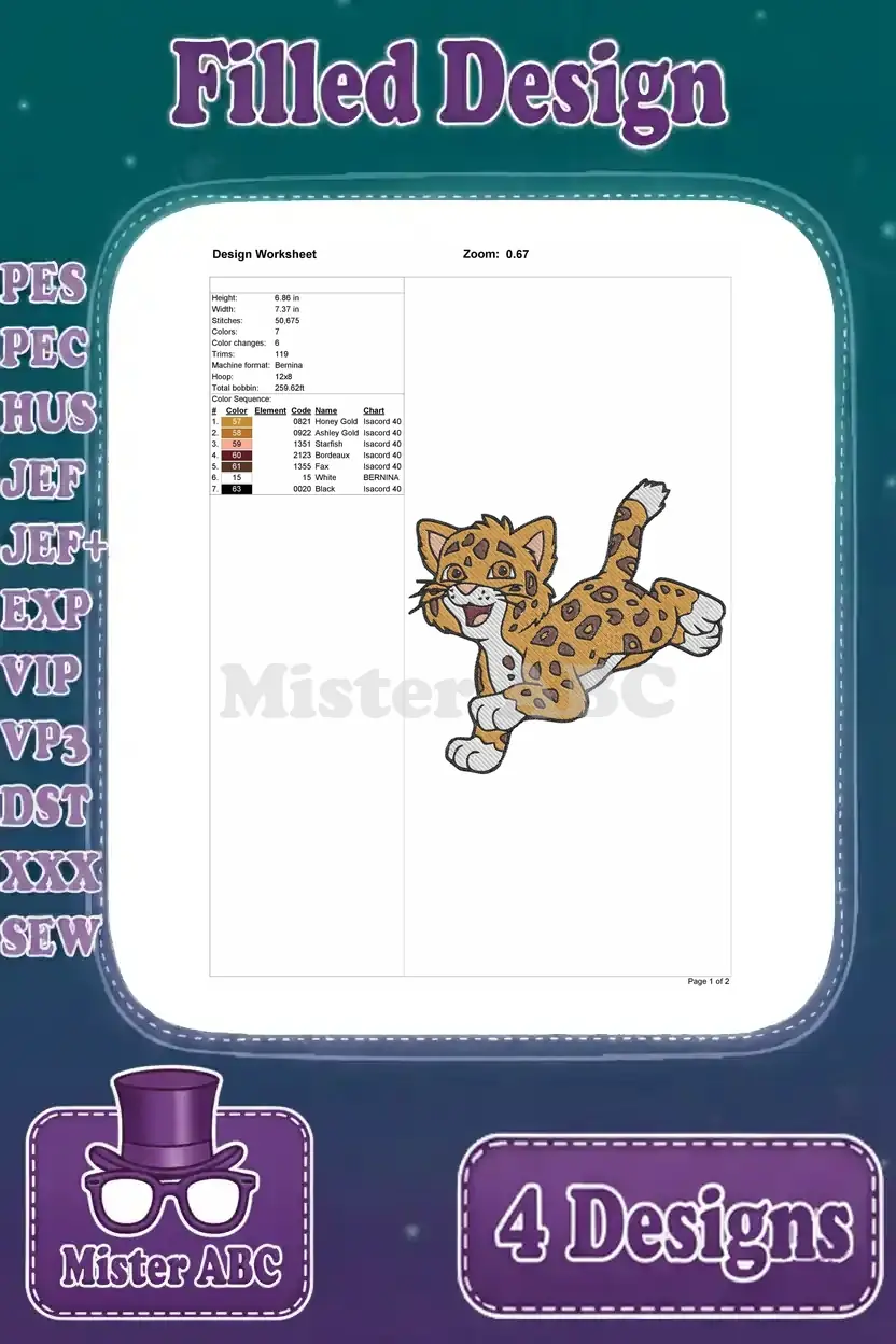 Design worksheet for the dynamic pouncing leopard embroidery, detailing stitch count, size, colors, and hoop information.