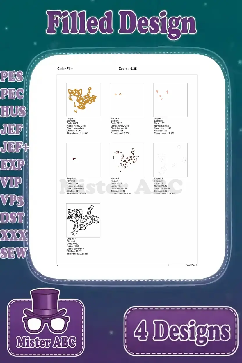 Color film for the pouncing leopard embroidery, illustrating the thread sequence and color changes.