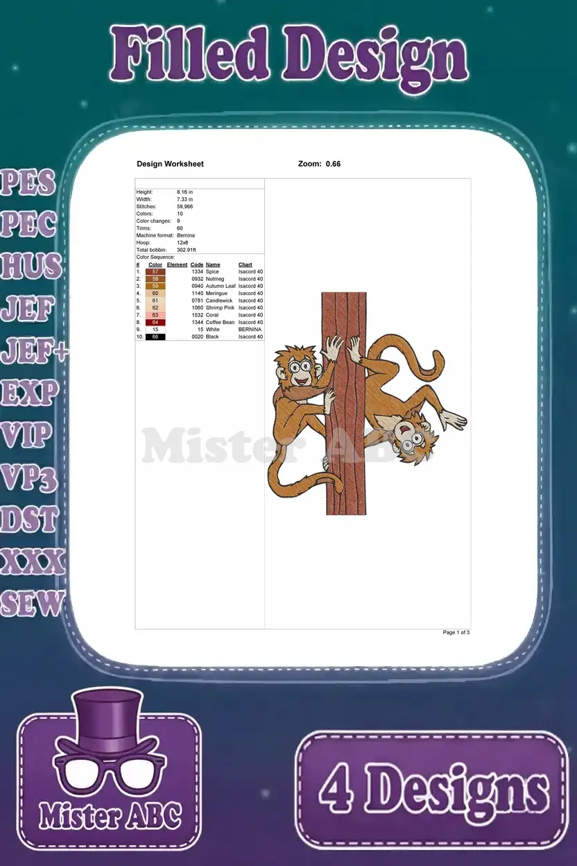 Design worksheet for the playful monkeys on a branch embroidery, detailing stitch count, size, colors, and hoop info.