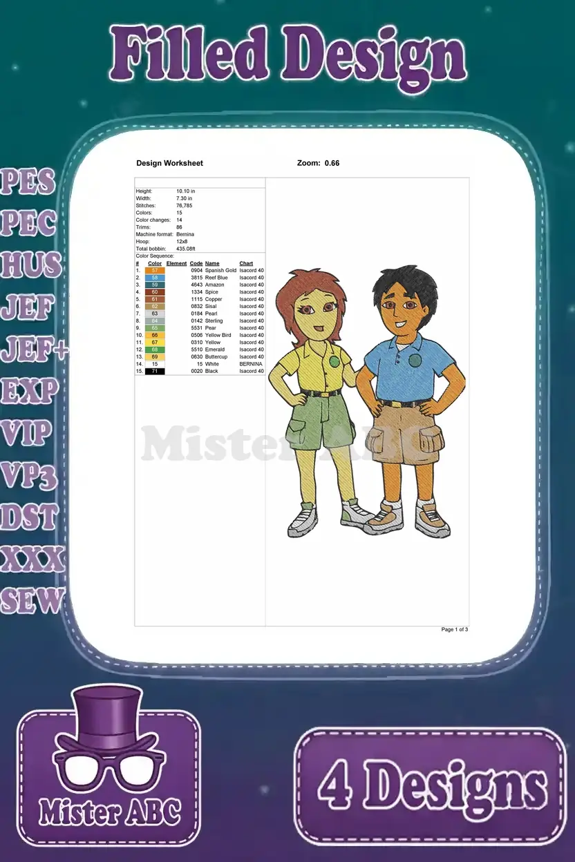 A detailed design worksheet for the Diego and Alicia filled embroidery design, showing stitch count and color sequence.
