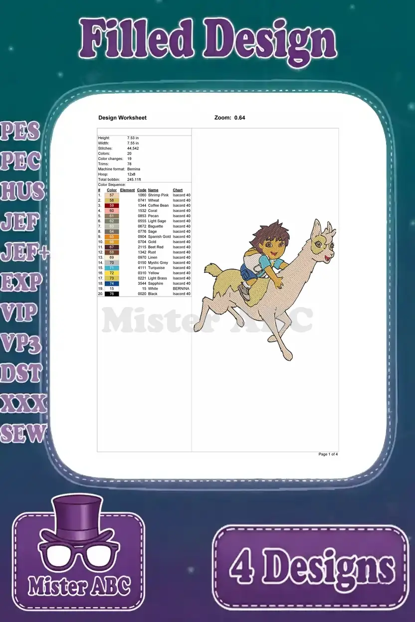 A detailed design worksheet for the Diego riding a Llama filled embroidery design, showing stitch count and color sequence.