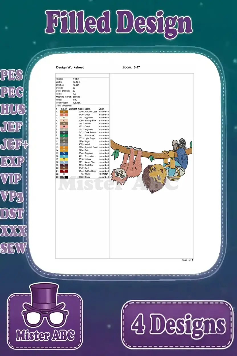 A detailed design worksheet for the Diego with a Sloth filled embroidery design, showing stitch count and color sequence.