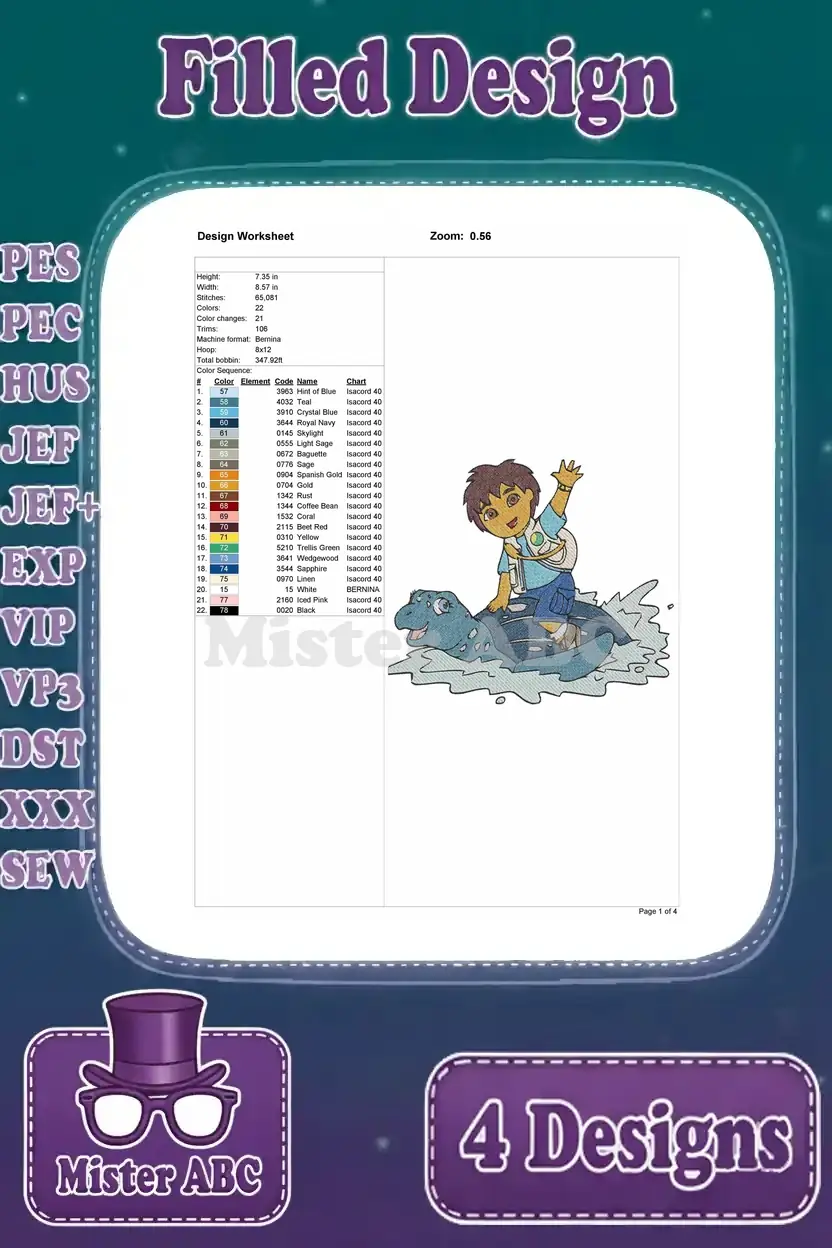 A detailed design worksheet for the Diego on a Sea Turtle filled embroidery design, showing stitch count and color sequence.