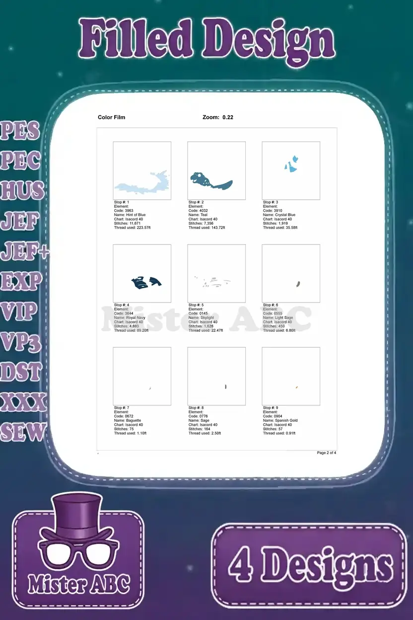 Page 1 of 4 of the color film breakdown for the Diego on a Sea Turtle filled embroidery design, showing stitch progression.