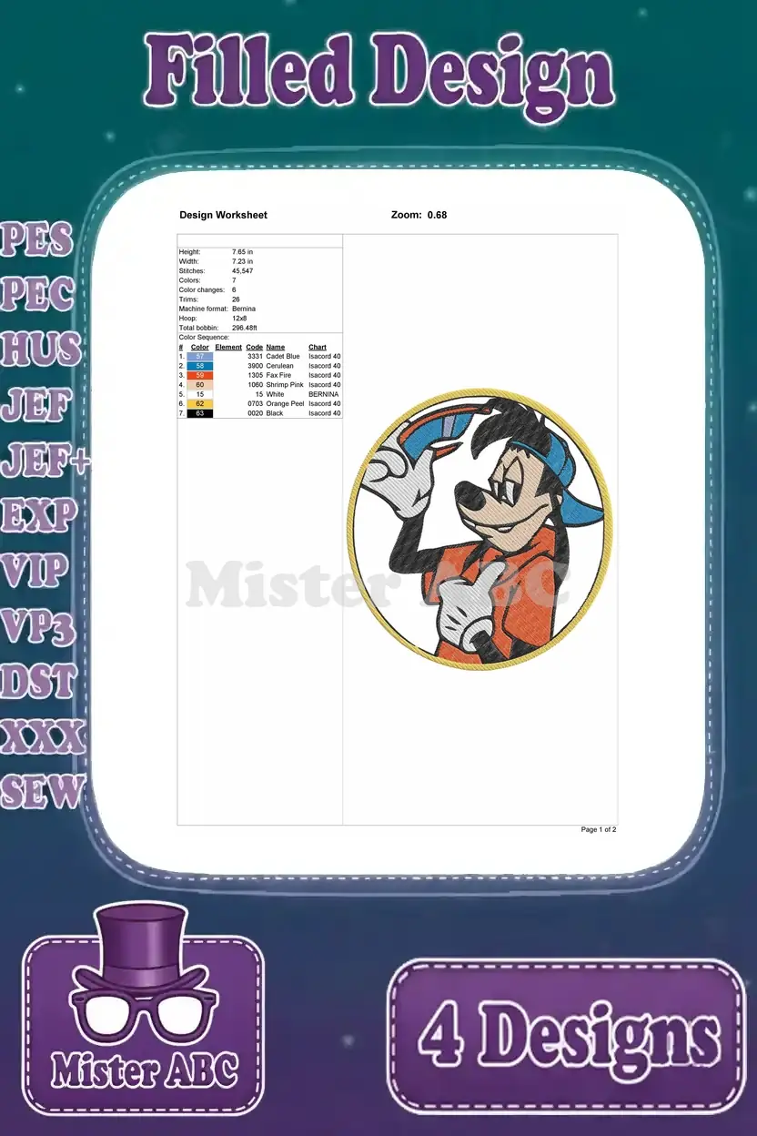 Detailed design worksheet for the first Max Goof embroidery, showing stitch count, colors, hoop size, and thread chart.