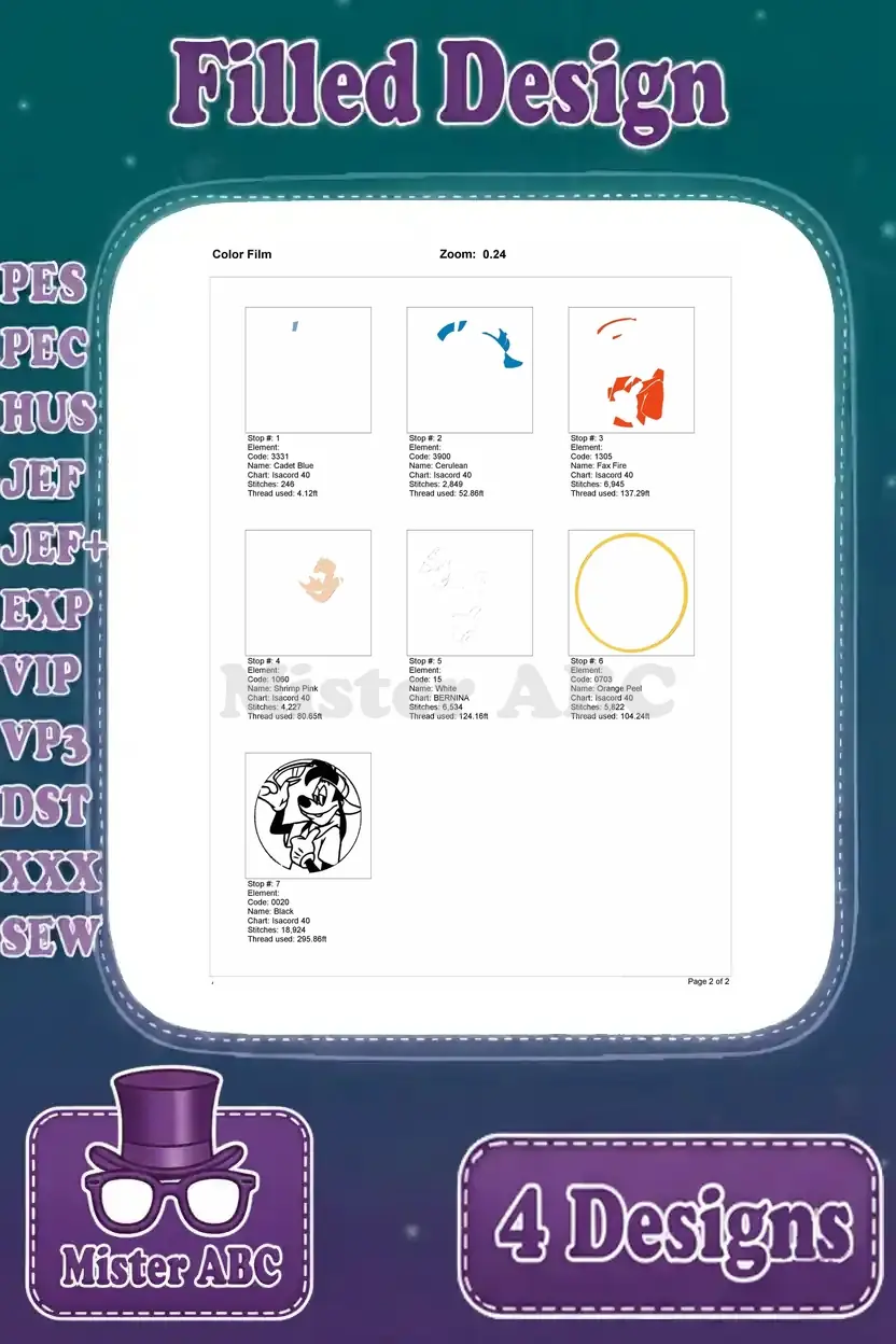 Color film breakdown for the first Max Goof embroidery design, illustrating each individual stitching layer and color stop.
