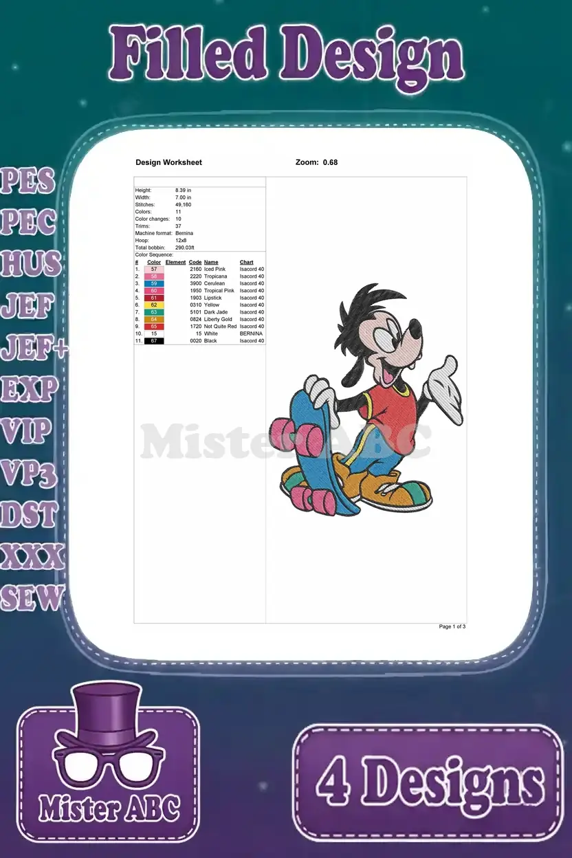 Detailed design worksheet for the third Max Goof embroidery, featuring him with a skateboard, showing all technical data.