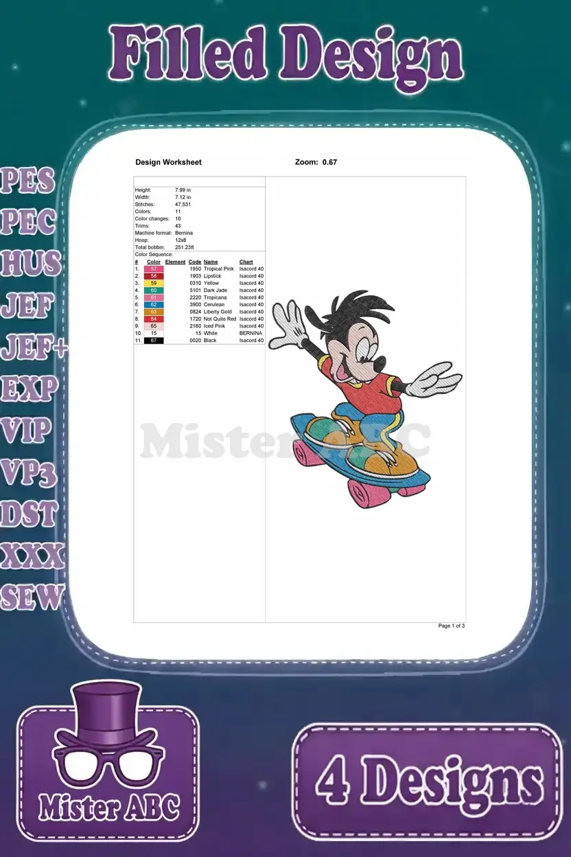 Detailed design worksheet for the fourth Max Goof embroidery, showing him actively on a skateboard, with all technical data.