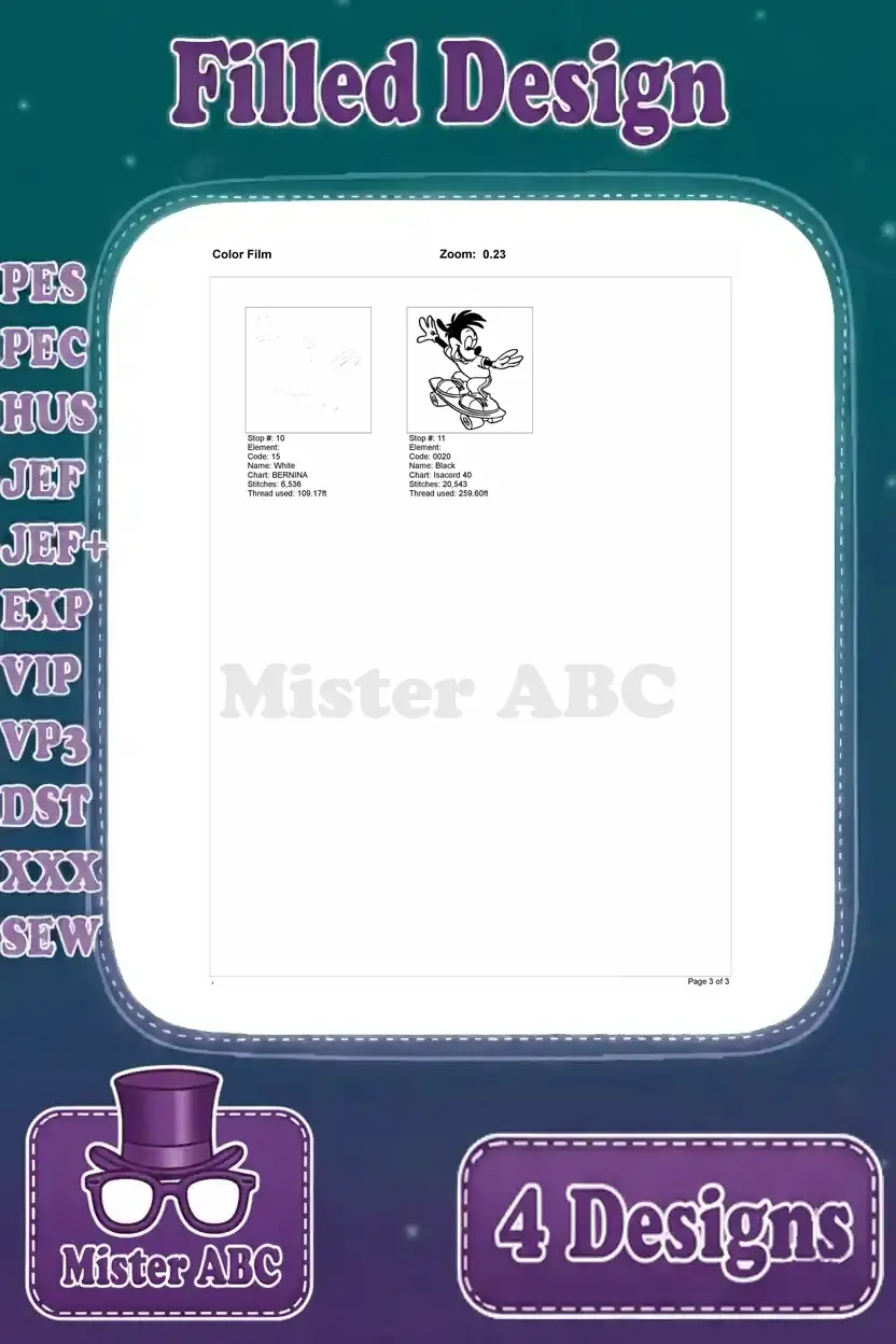 Second part of the color film breakdown for the fourth Max Goof embroidery, showing the final outline layer.