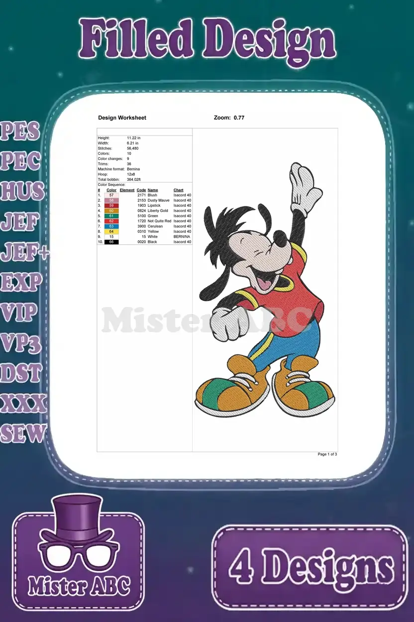 A detailed design worksheet for the waving Max Goof embroidery design, showing thread colors and stitch count.