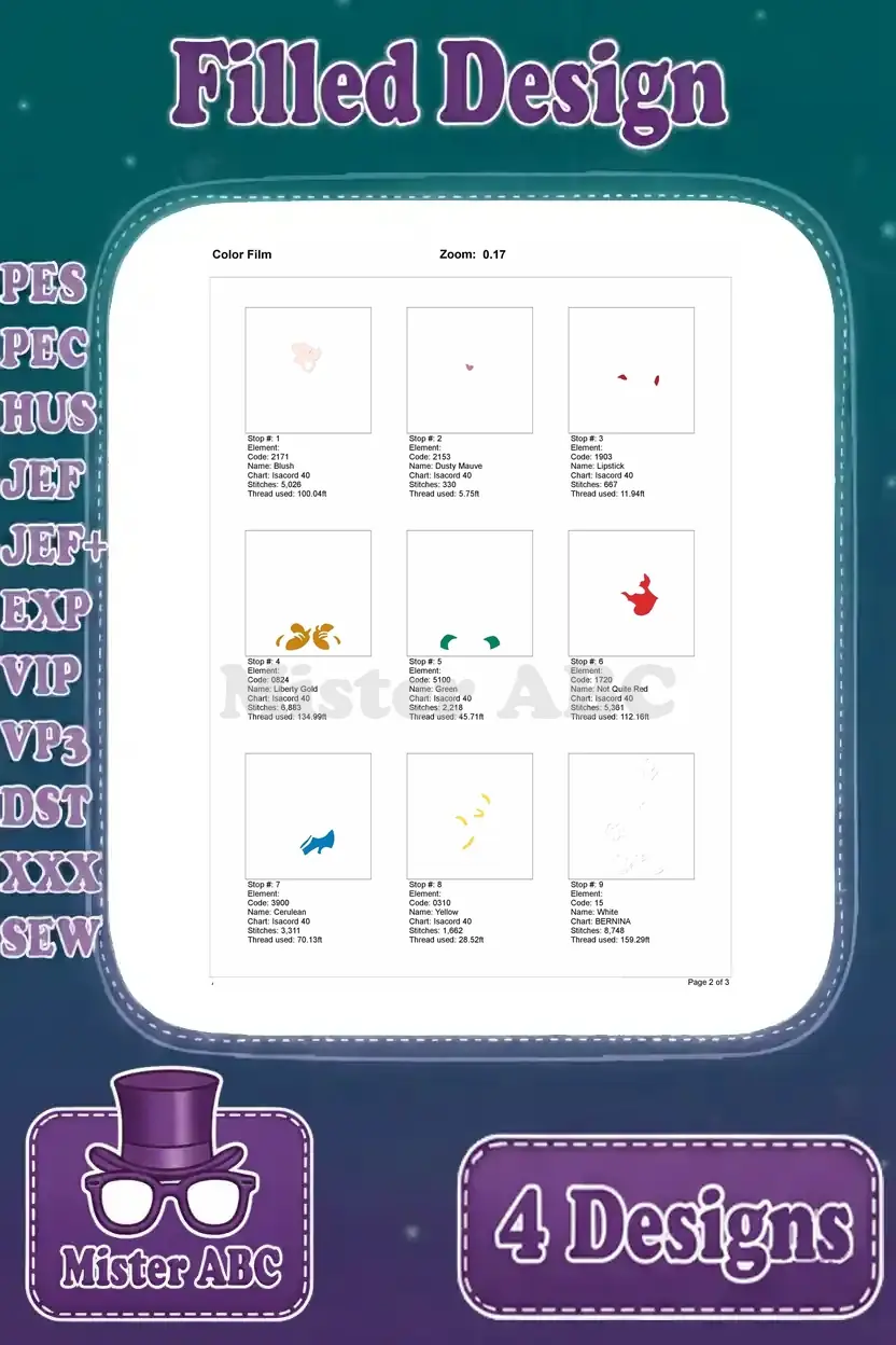 Color film breakdown for the waving Max Goof embroidery design, illustrating the stitch sequence by color.