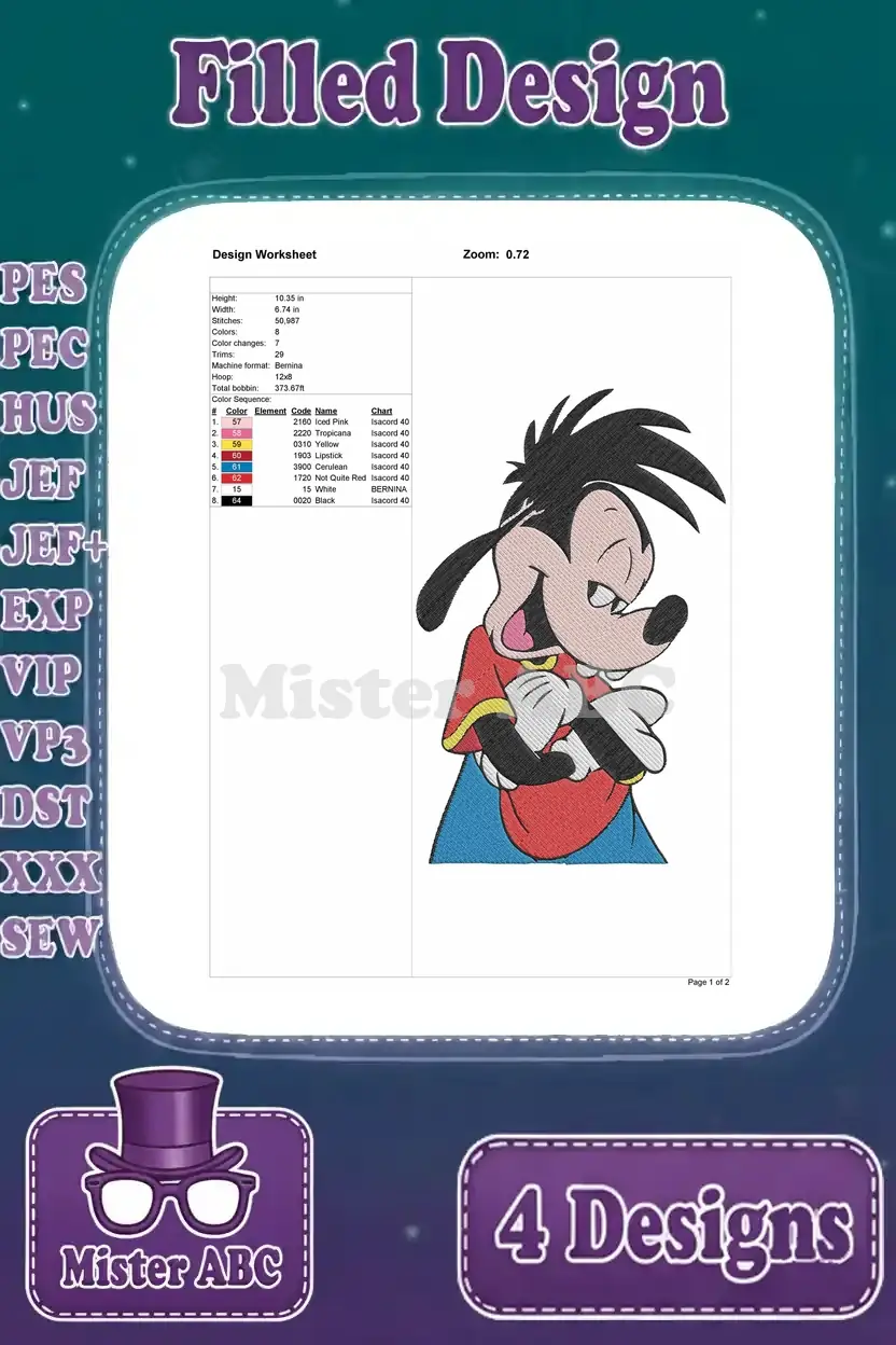 Design worksheet for the mischievous Max Goof embroidery design, detailing size, stitches, and colors.