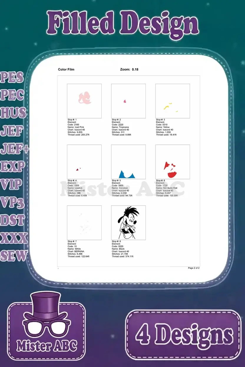 Color film for the mischievous Max Goof embroidery design, illustrating the sequential application of colors.