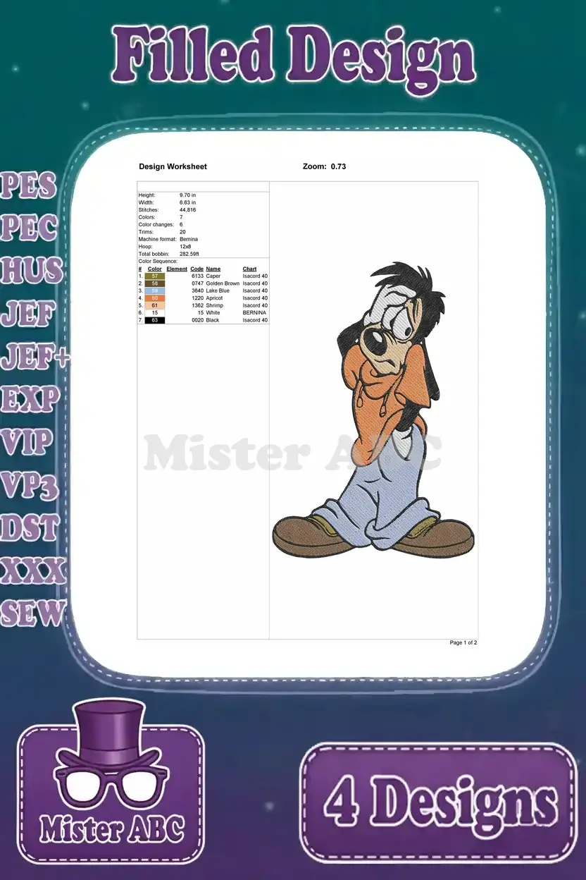 Design worksheet for the dejected Max Goof embroidery design, providing all necessary stitching information.