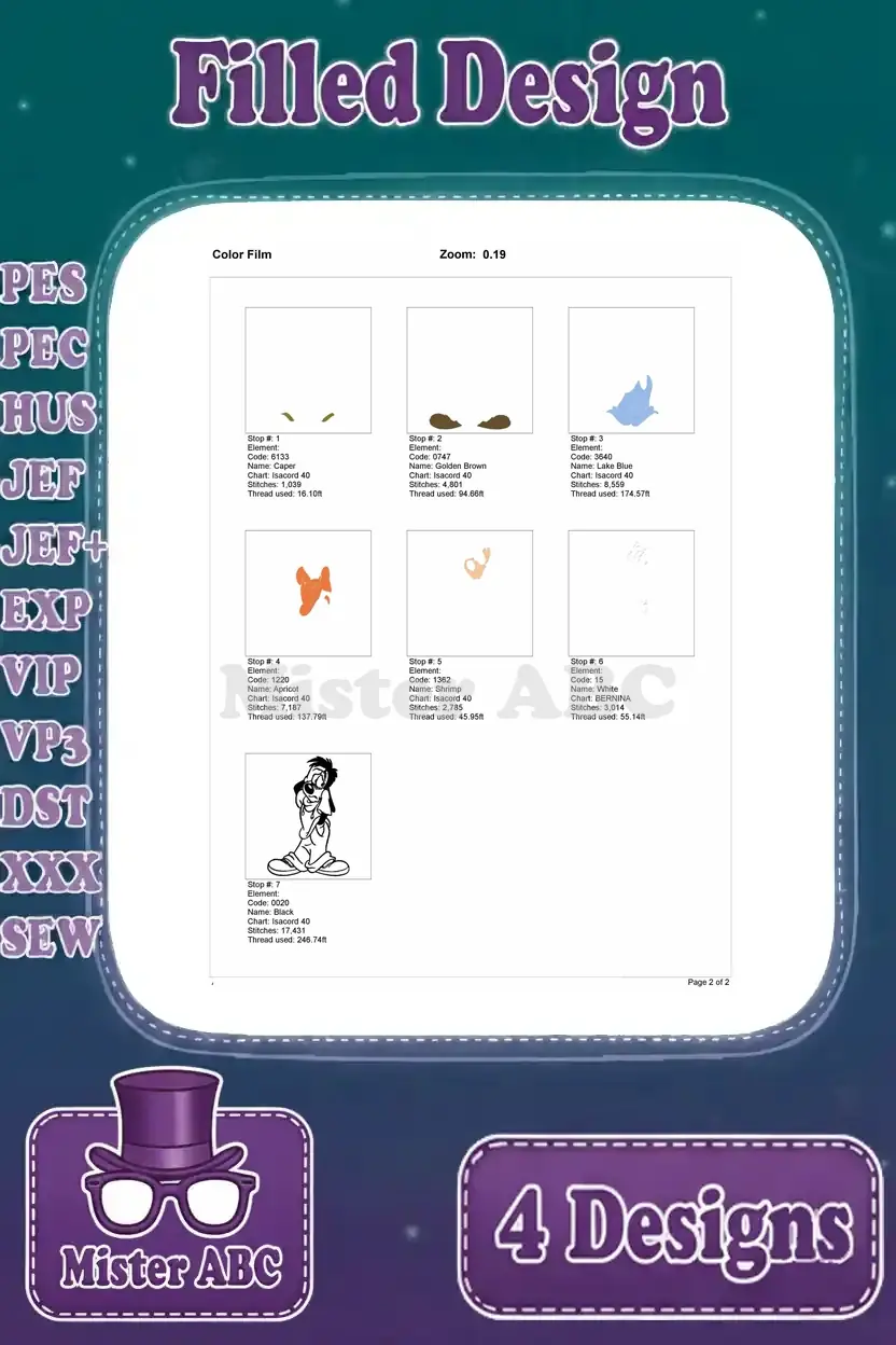 Color film for the dejected Max Goof embroidery design, showing the order of thread color application.