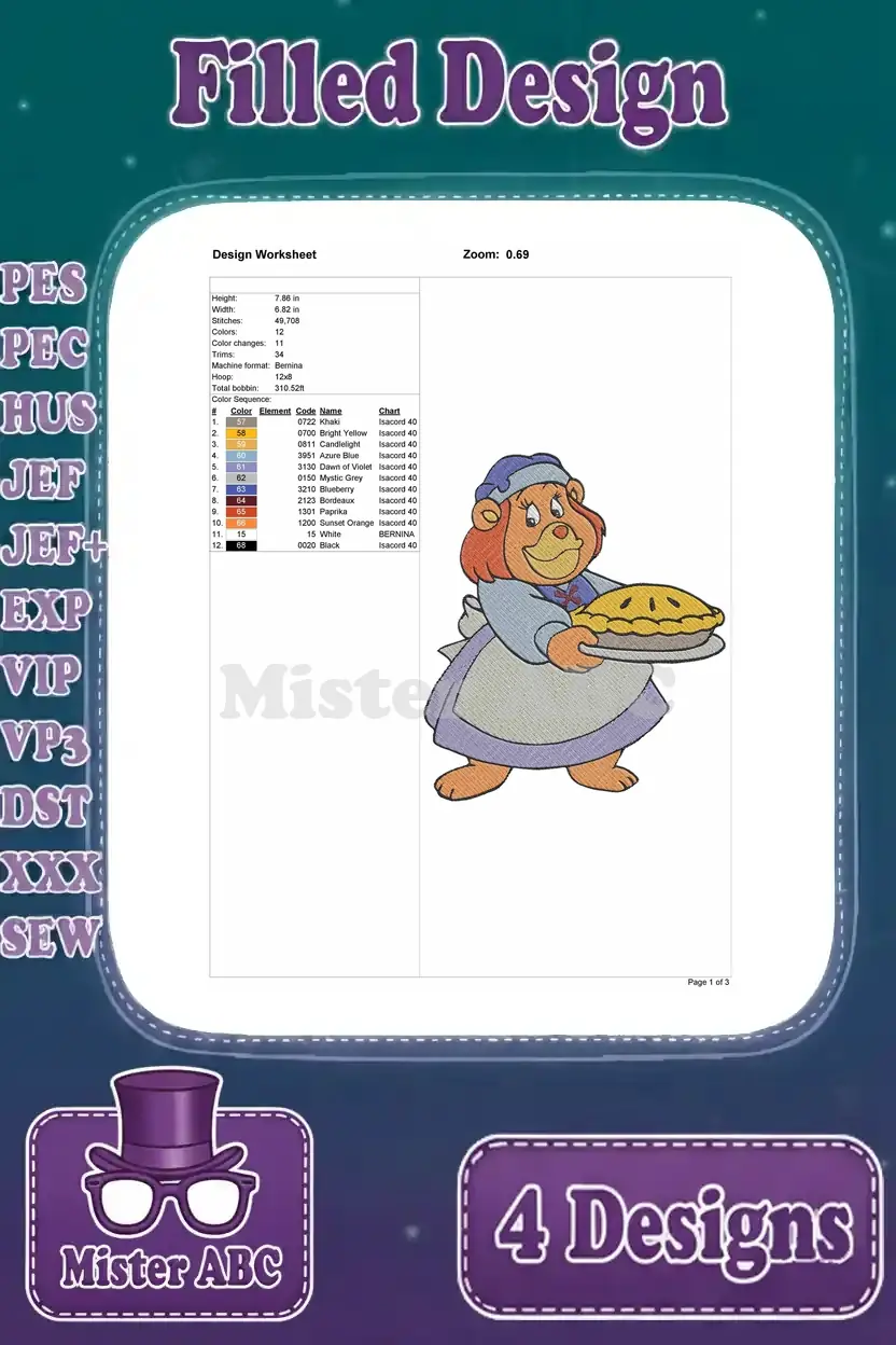 Design worksheet for Grammi Gummi holding a pie, outlining stitch data, colors, and thread brands.