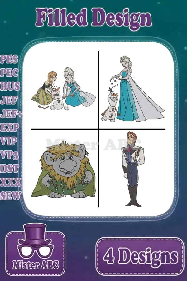 A vibrant collage displaying four filled embroidery designs: Anna & Elsa with Olaf, Elsa & Olaf, Grand Pabbie, and Prince Hans from Frozen.