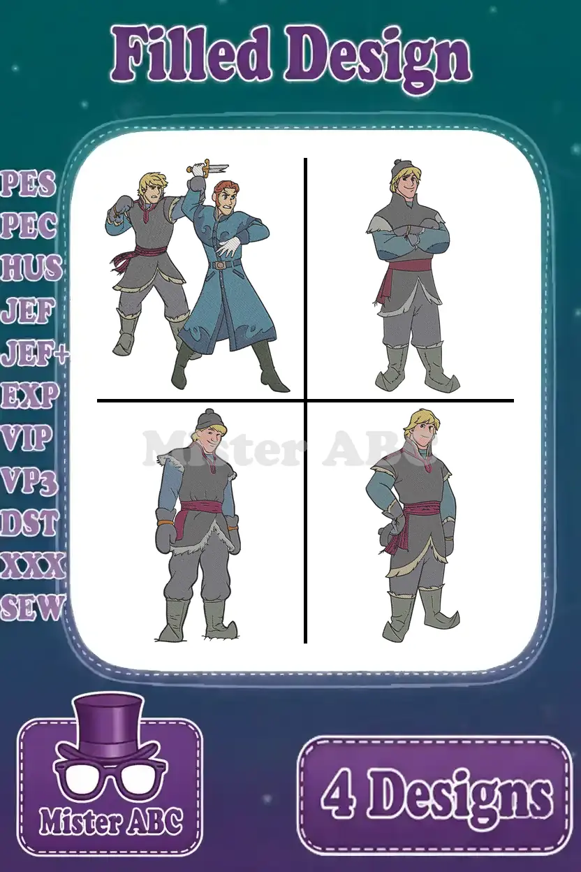 Four filled embroidery designs of Kristoff from Frozen in various poses, including one with Hans, ready for stitching.