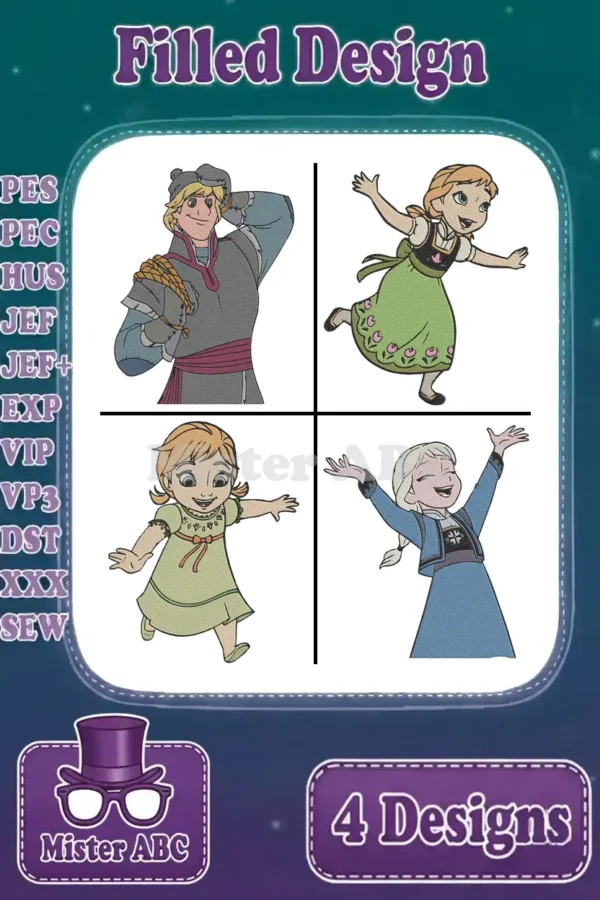Four enchanting filled embroidery designs: Kristoff, Anna, and Elsa, ready for your projects. Multiple formats included.