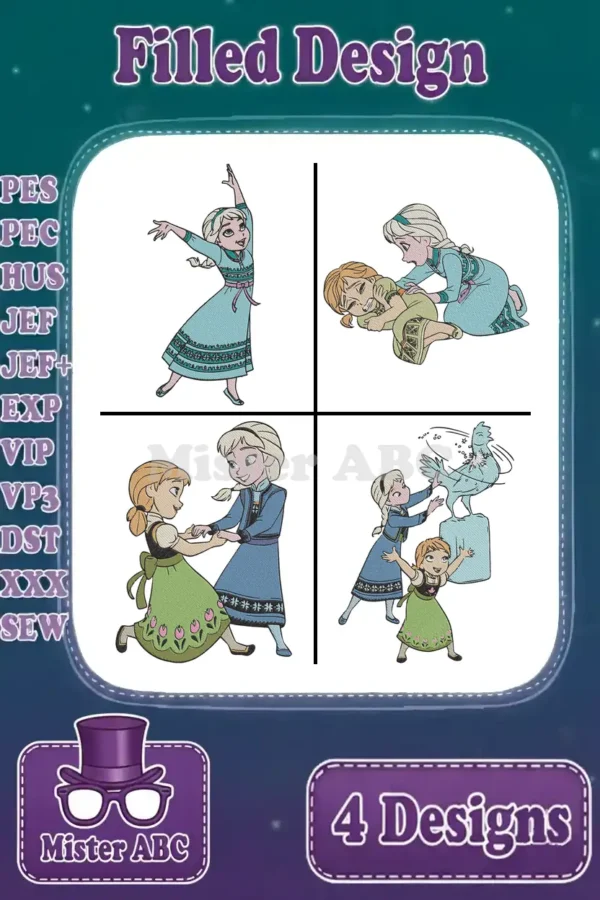 A bundle of four vibrant filled embroidery designs featuring young Elsa and Anna from Disney's Frozen in various poses.