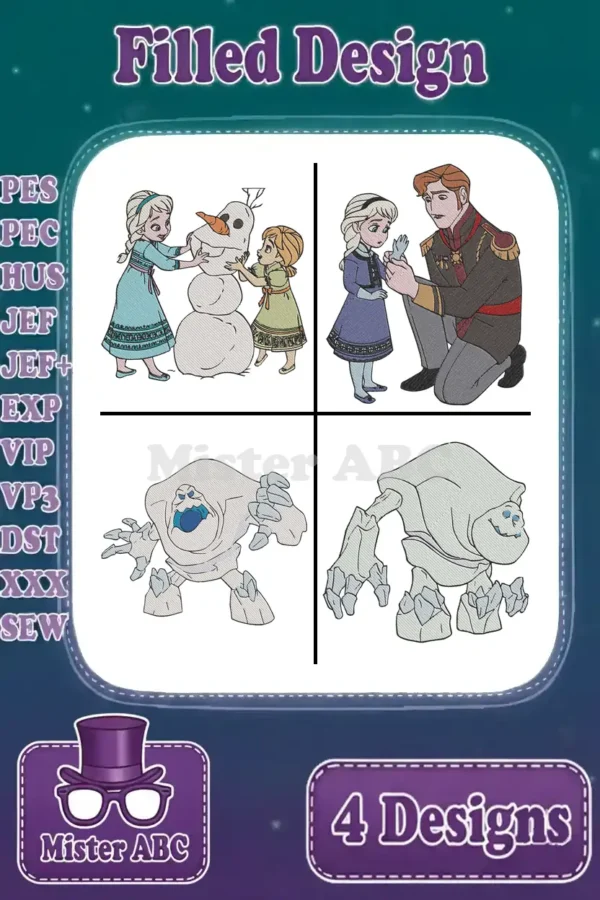 A vibrant display of four filled embroidery designs: Elsa and Anna with Olaf, young Elsa with Hans, and two snow monsters.