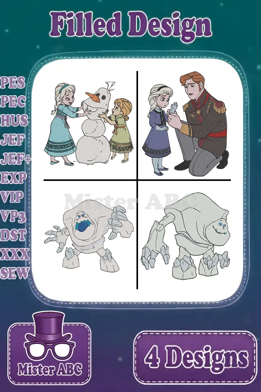 A vibrant display of four filled embroidery designs: Elsa and Anna with Olaf, young Elsa with Hans, and two snow monsters.