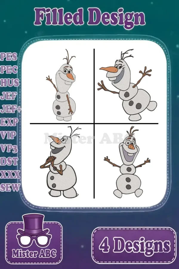 Four vibrant filled embroidery designs featuring Olaf from Frozen, ready for various projects and machine formats.