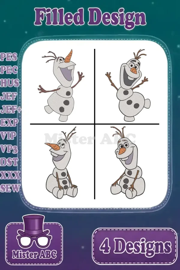 Four delightful Olaf embroidery designs in various poses, highlighted with supported file formats, perfect for Frozen fans.